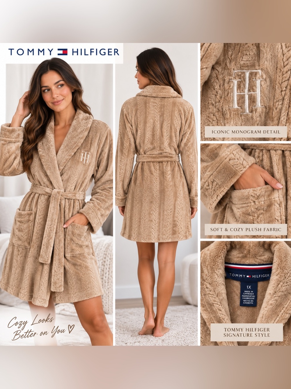 Tommy Hilfiger Plush Cable Knit Robe Light Taupe NWT 1X 2X